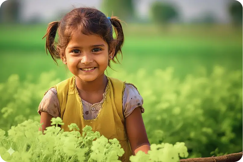 A smiling child in a green field